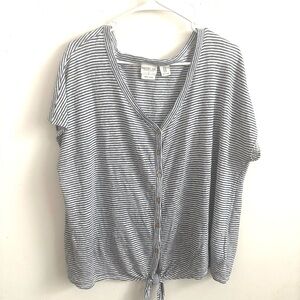 Rachel Zoe Blouse Women’s 1X Linen Navy White Stripe Button Short Sleeve Casual